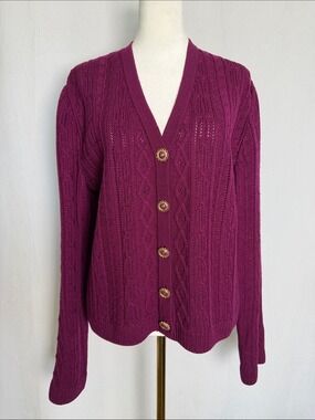 Vintage St John Collection Berry Cable Knit Button Front Cardigan Size 10 V Neck